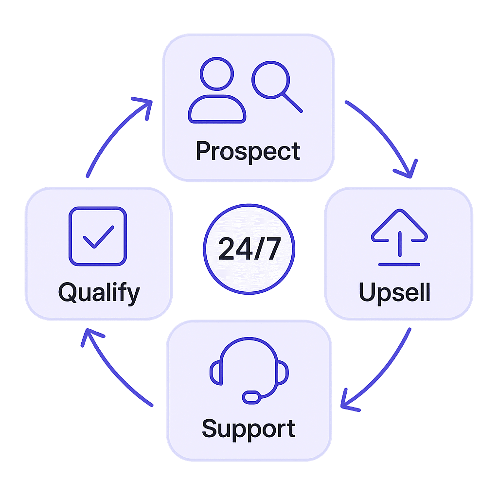 The autonomous revenue loop: prospect, qualify, support and upsell, running 24/7.