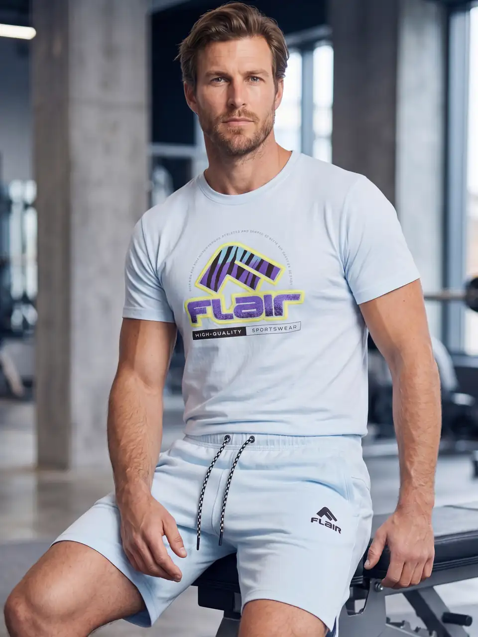 Model așezat pe o bancă într-o sală de sport, purtând pantalonii scurți Flair